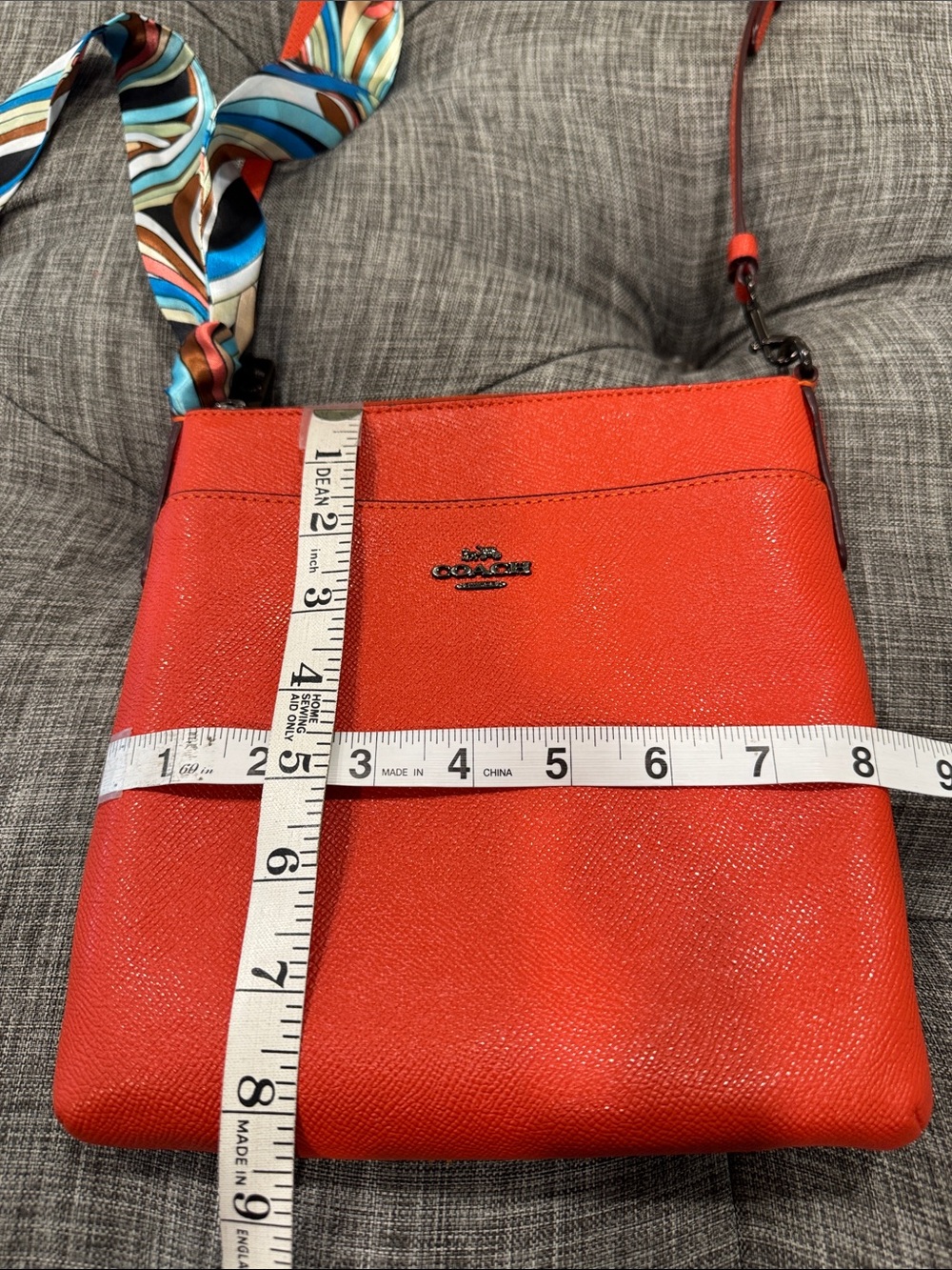Coach Bag Kitt Orange Rusted Red Leather Crossbody with Patterned Scarf - Picture 17 of 17